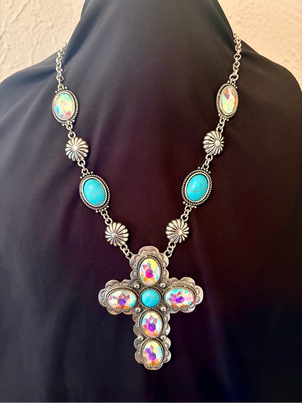 Turquoise and Iridescent Cross Pendant Necklace - Women Jewelry